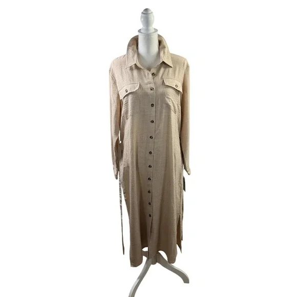 NWT DKNY Collared Button Tan Shirtdress Long sleeve collar -Removable belt Large - Picture 9 of 11